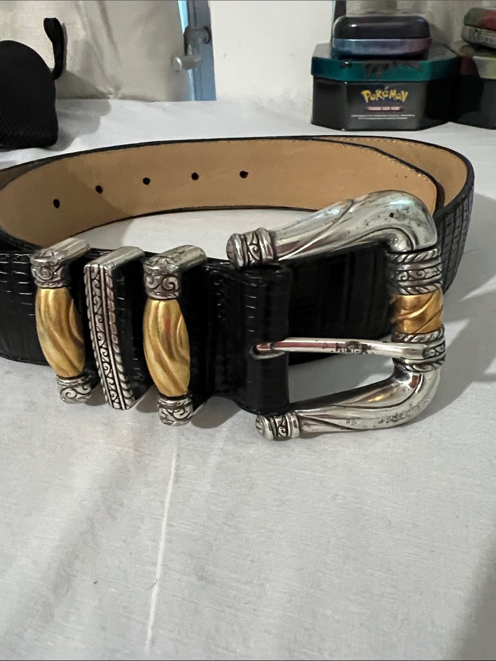 Brighton Black Leather Men's Belt with Gold & Silver Buckle Accents